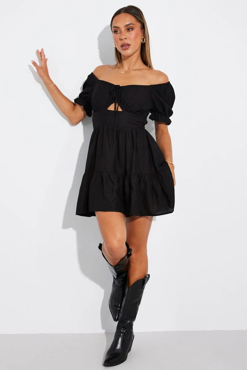 Black Fit and Flare Dress Short Sleeve Linen Blend sold by Ally Fashion product image thumbnail 2