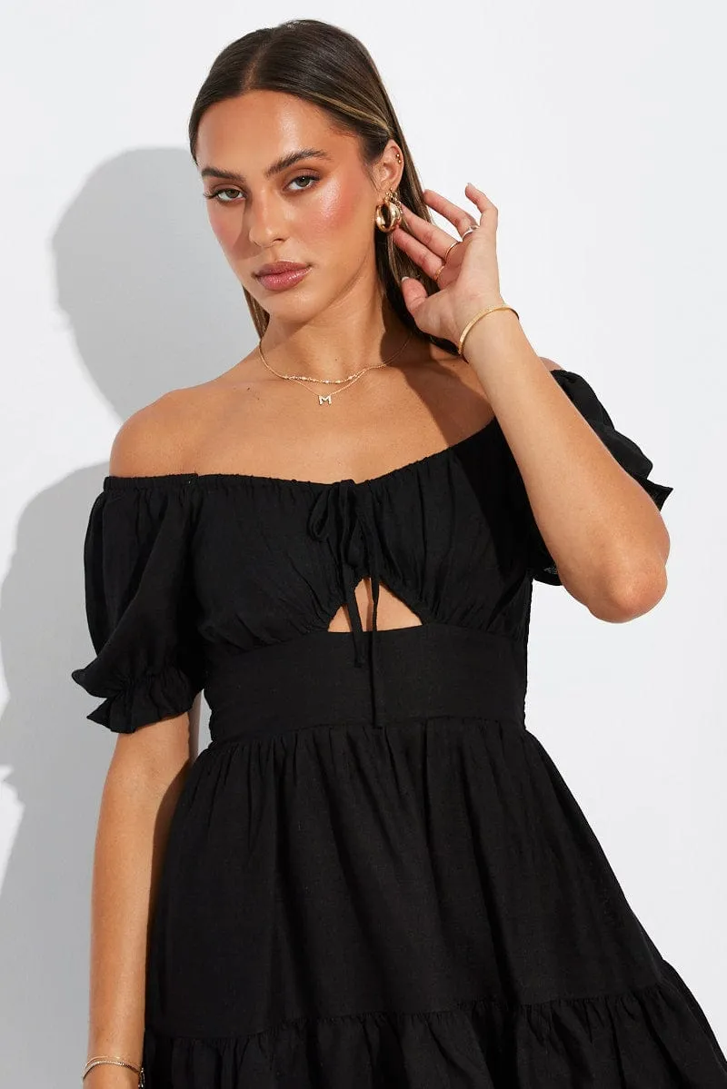 Black Fit and Flare Dress Short Sleeve Linen Blend sold by Ally Fashion product image thumbnail 3