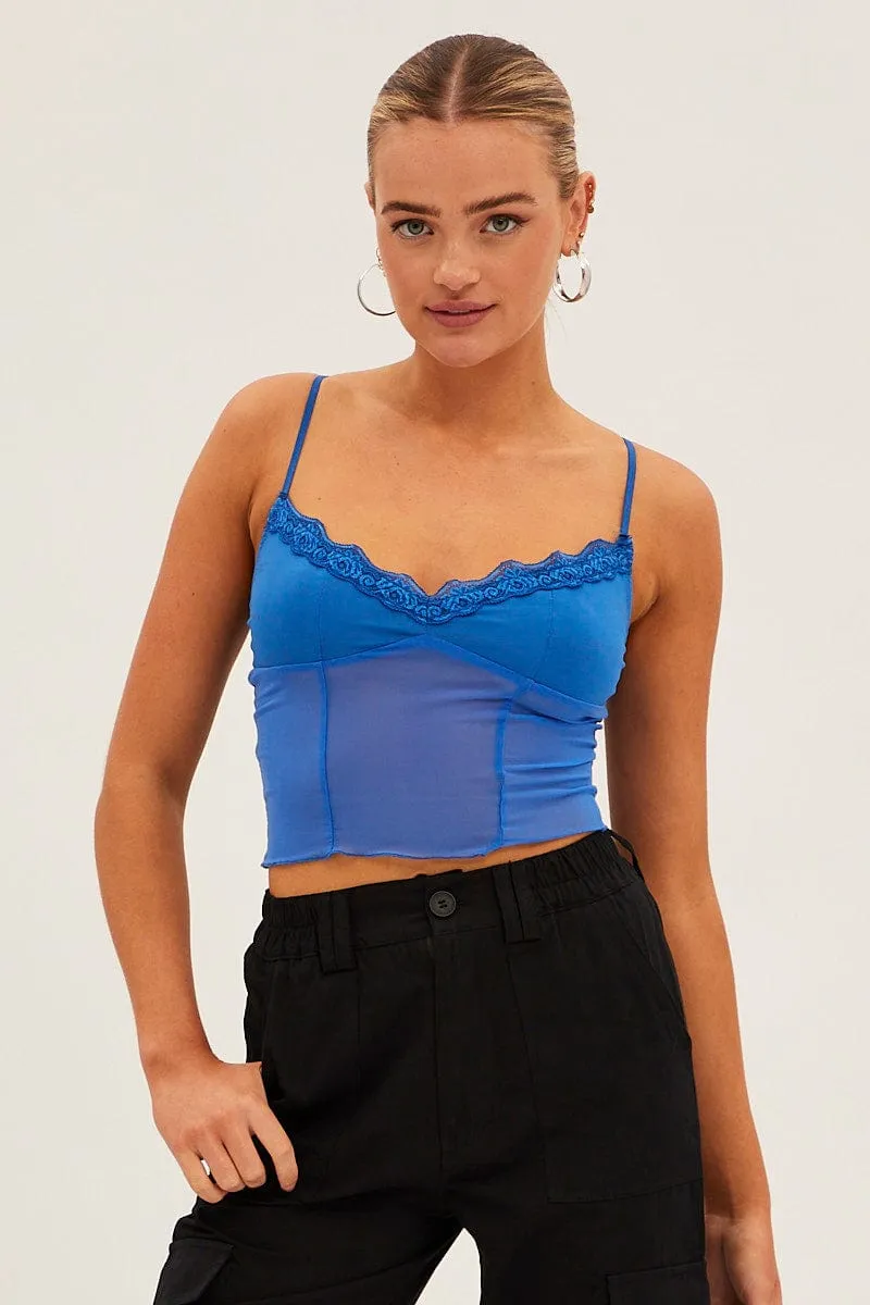 Blue Lace Trim Mesh Cami Top sold by Ally Fashion product image thumbnail 3