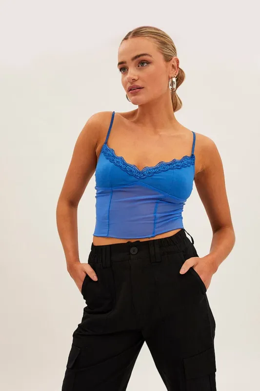 Blue Lace Trim Mesh Cami Top sold by Ally Fashion