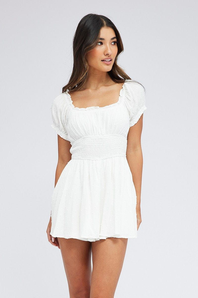 White Shirred Playsuit Short Sleeve sold by Ally Fashion