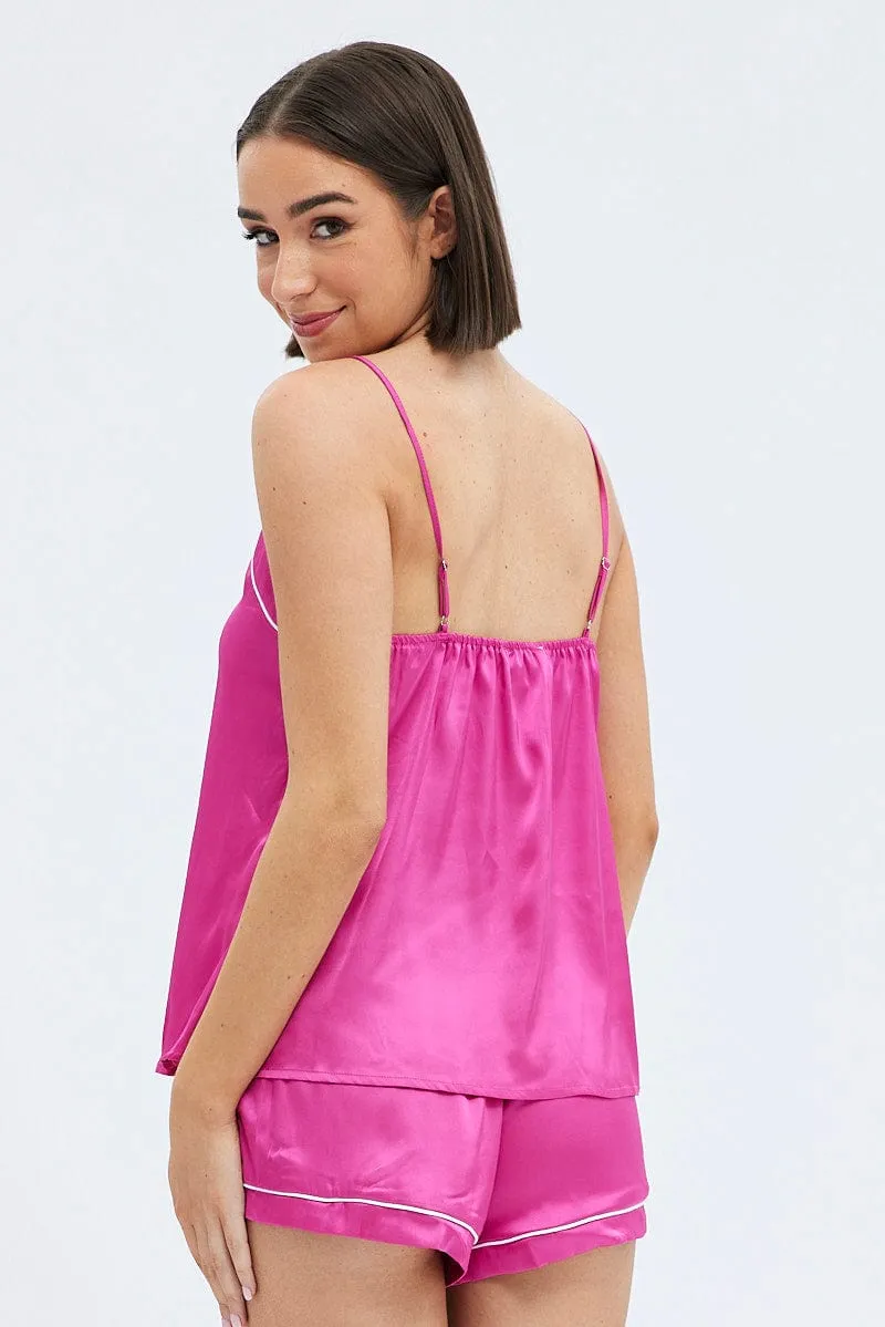 Pink Cami PJ Contrast Piping Satin Pyjama Set sold by Ally Fashion product image thumbnail 5