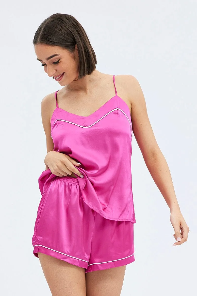 Pink Cami PJ Contrast Piping Satin Pyjama Set sold by Ally Fashion