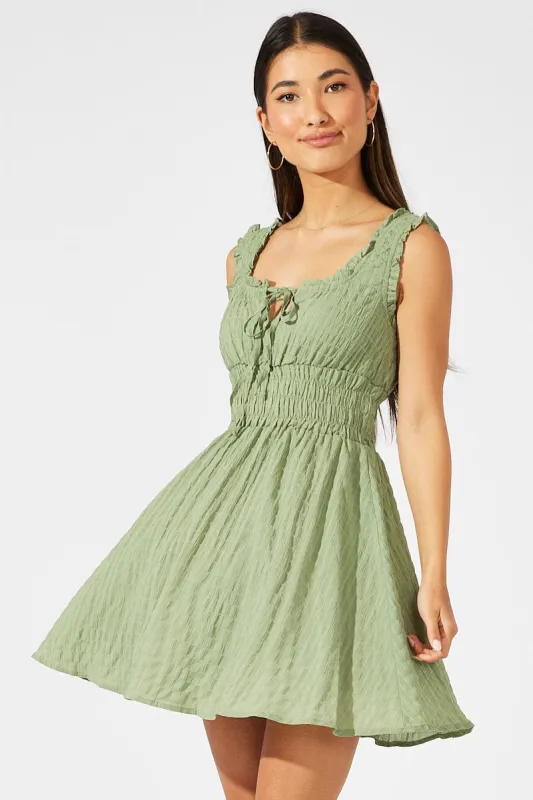 Green Fit and Flare Dress Sleeveless Shirred Waist sold by Ally Fashion