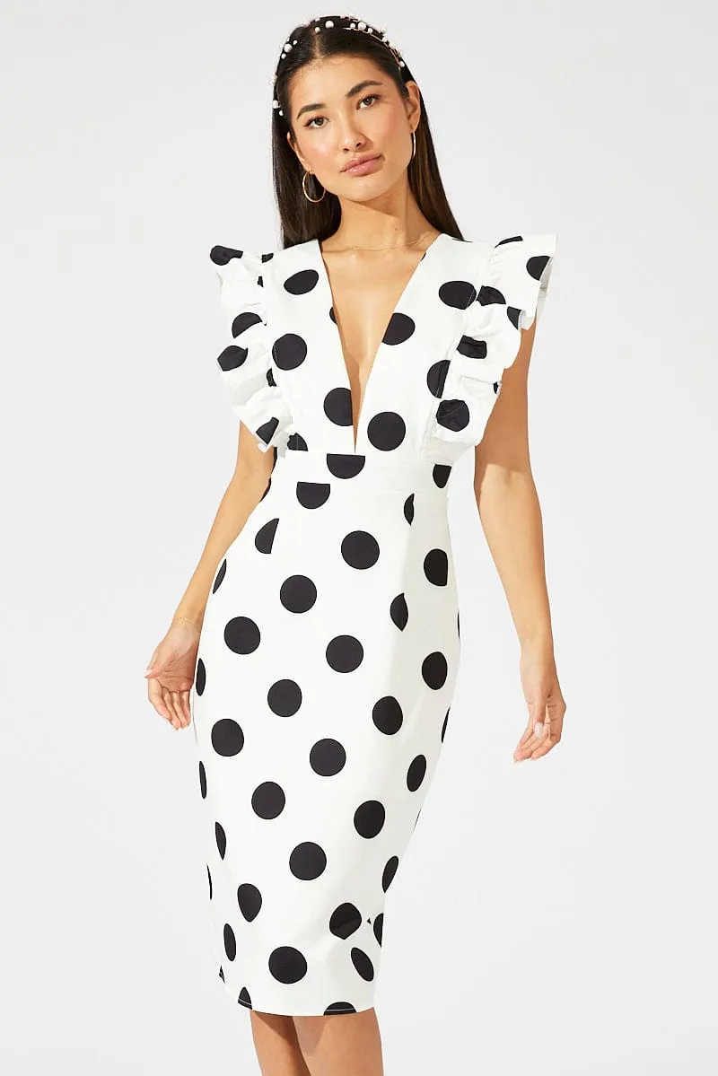 Black Polka Dot Midi Dress Plunge Ruffle Shoulder Oversized Polka sold by Ally Fashion product image thumbnail 2