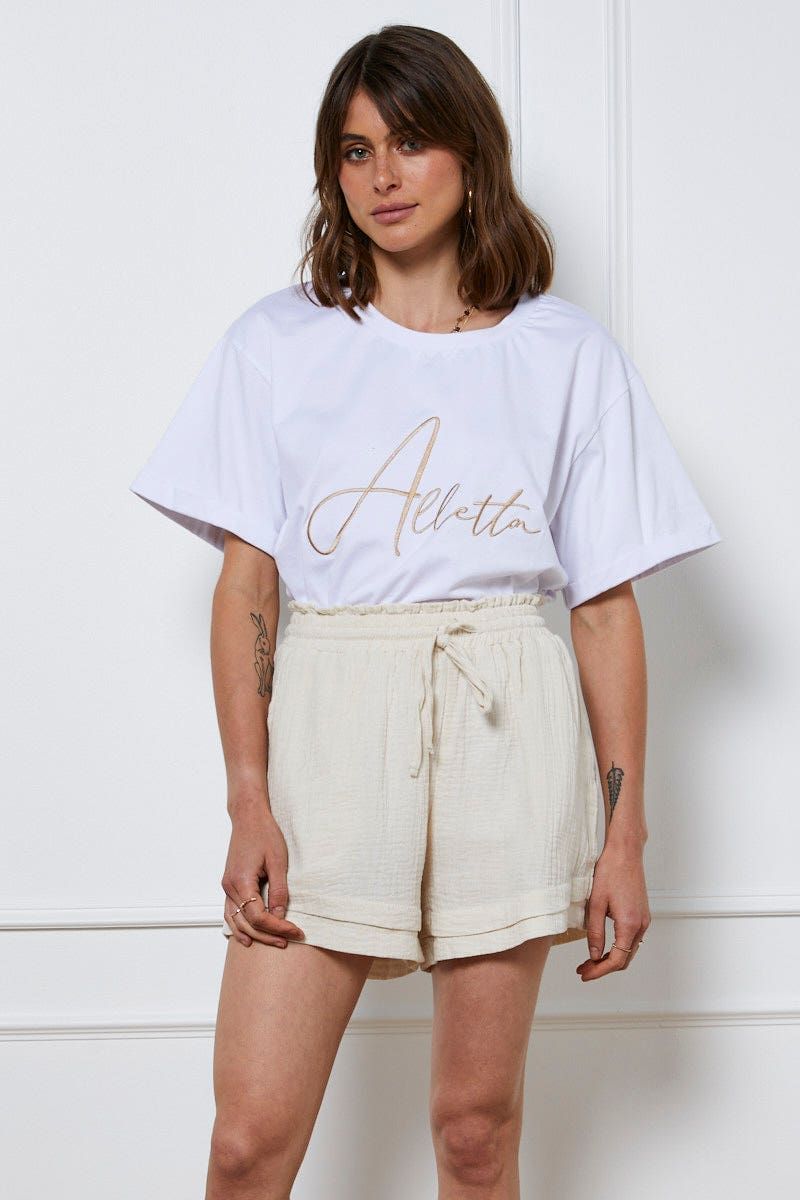 Beige Textured Shorts High Waist sold by Ally Fashion