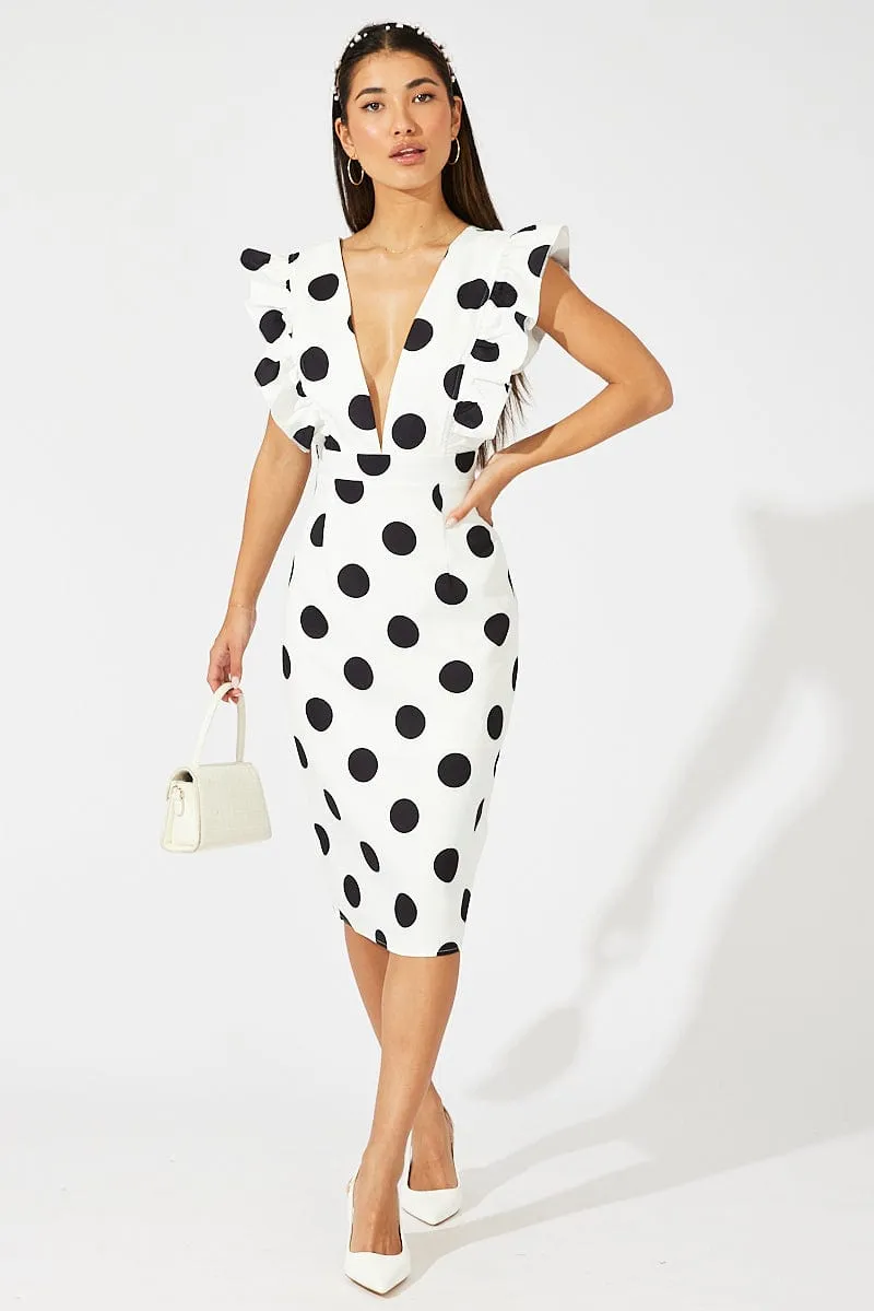 Black Polka Dot Midi Dress Plunge Ruffle Shoulder Oversized Polka sold by Ally Fashion product image thumbnail 3