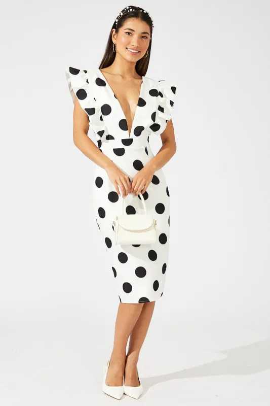 Black Polka Dot Midi Dress Plunge Ruffle Shoulder Oversized Polka sold by Ally Fashion