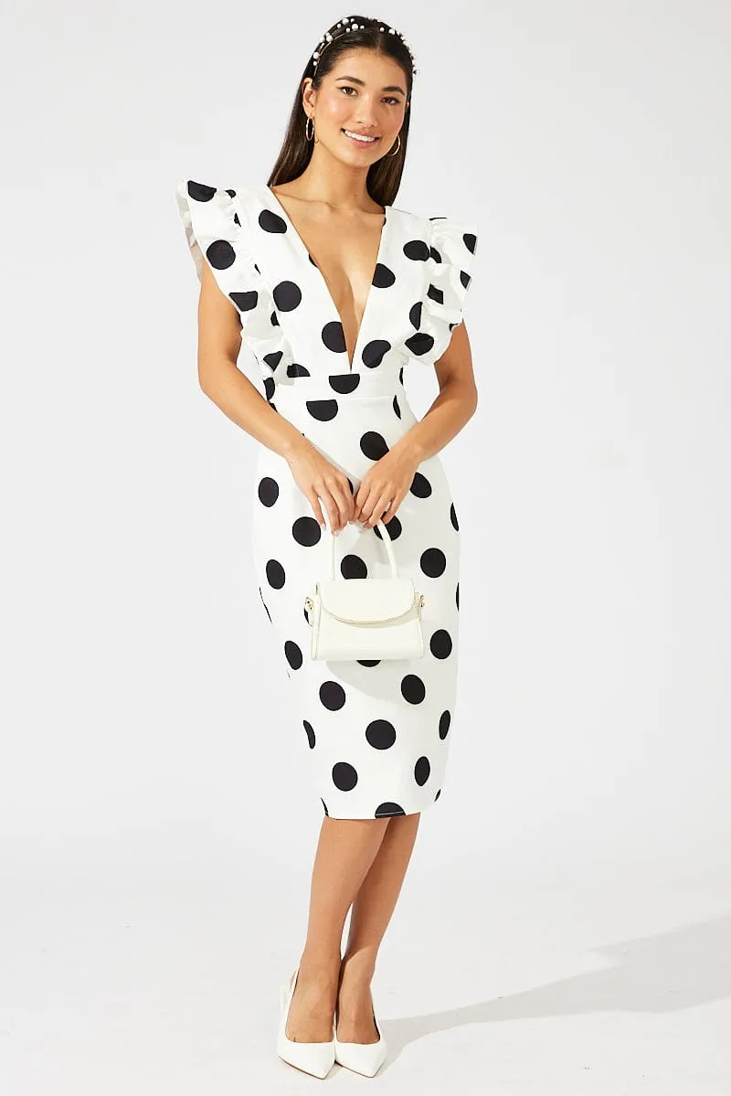 Black Polka Dot Midi Dress Plunge Ruffle Shoulder Oversized Polka sold by Ally Fashion