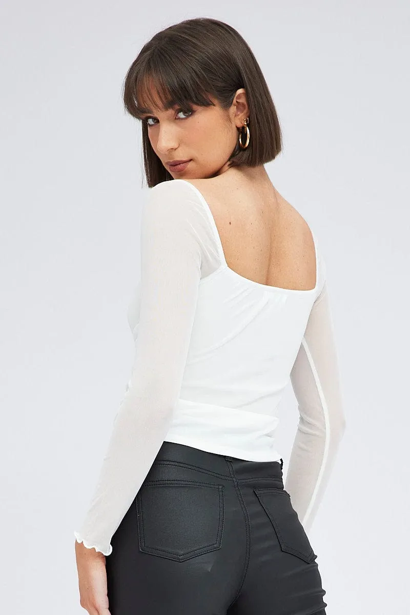 White Top Long Sleeve Sweetheart Keyhole Ruched Mesh sold by Ally Fashion product image thumbnail 5