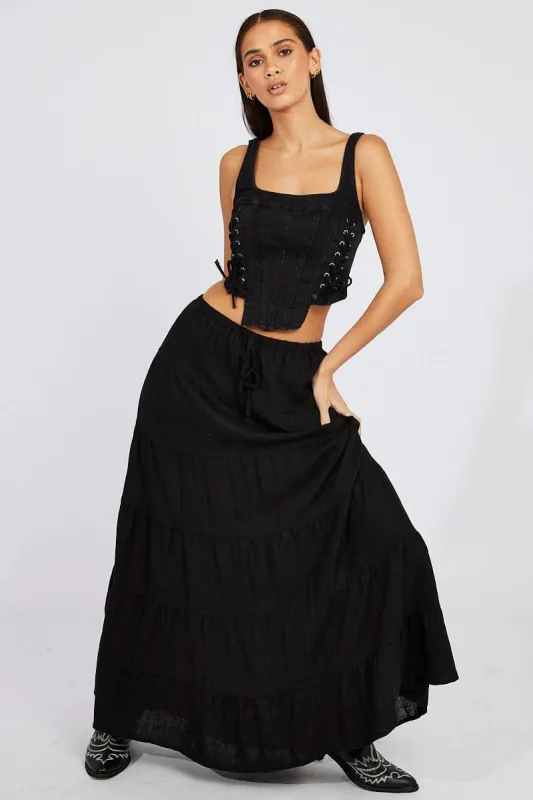 Black Maxi Skirt Tiered High Rise Linen Blend sold by Ally Fashion