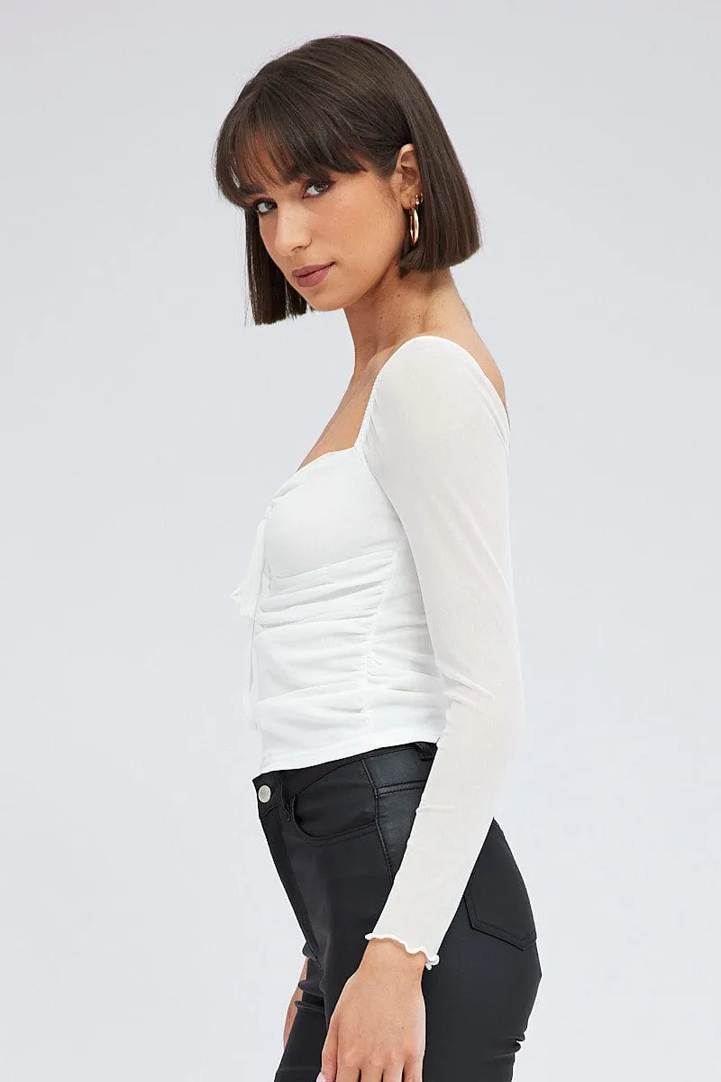 White Top Long Sleeve Sweetheart Keyhole Ruched Mesh sold by Ally Fashion product image thumbnail 4