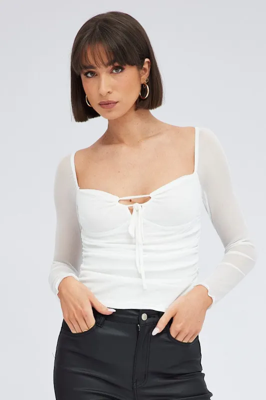 White Top Long Sleeve Sweetheart Keyhole Ruched Mesh sold by Ally Fashion