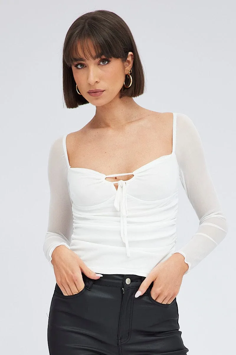 White Top Long Sleeve Sweetheart Keyhole Ruched Mesh sold by Ally Fashion
