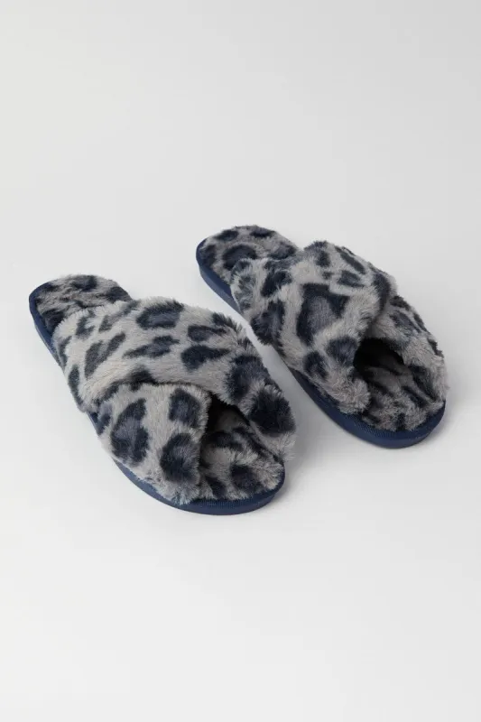 Grey Animal Print Faux Fur Slippers sold by Ally Fashion