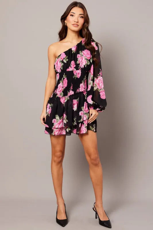 Black Floral One Shoulder Balloon Sleeve Layered Skater Dress sold by Ally Fashion