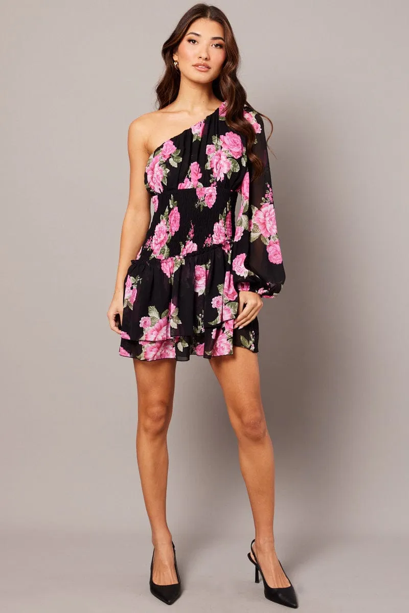 Black Floral One Shoulder Balloon Sleeve Layered Skater Dress sold by Ally Fashion