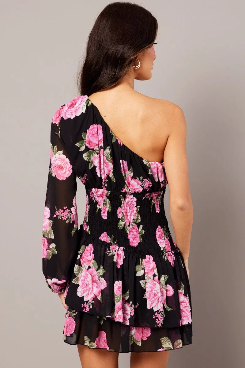 Black Floral One Shoulder Balloon Sleeve Layered Skater Dress sold by Ally Fashion product image thumbnail 5