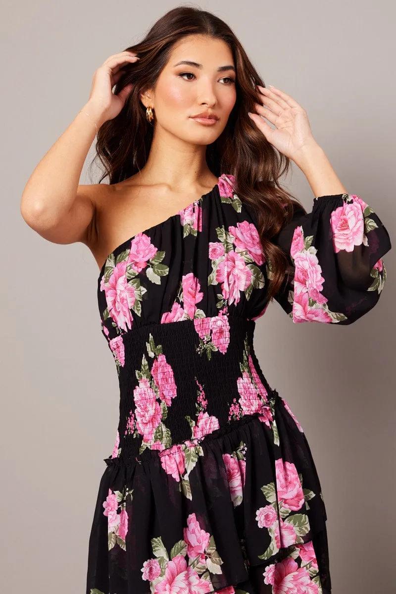 Black Floral One Shoulder Balloon Sleeve Layered Skater Dress sold by Ally Fashion product image thumbnail 2