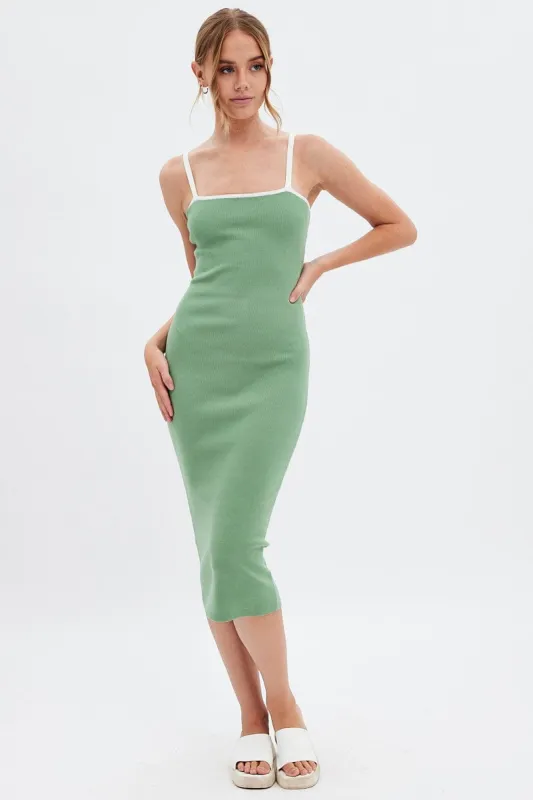 Green Knit Dress Sleeveless Midi Contrast Bind sold by Ally Fashion