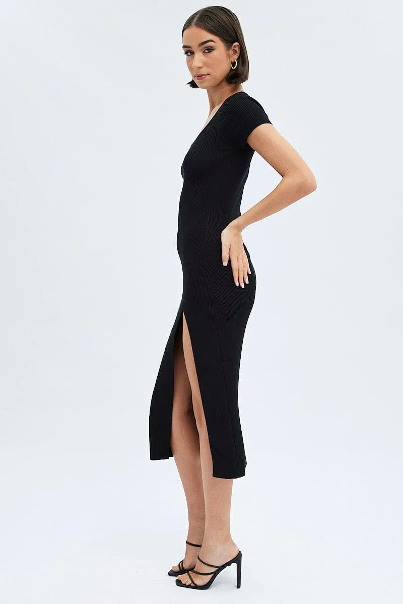 Black Knit Dress Short Sleeve Bodycon Midi sold by Ally Fashion product image thumbnail 4