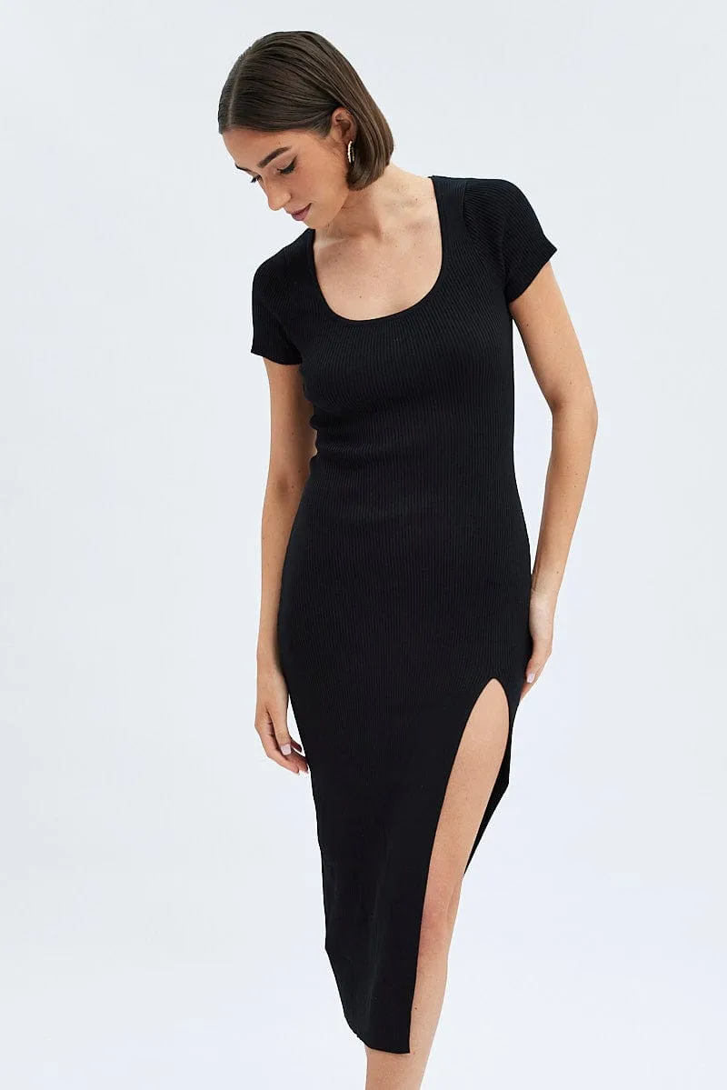 Black Knit Dress Short Sleeve Bodycon Midi sold by Ally Fashion product image thumbnail 2