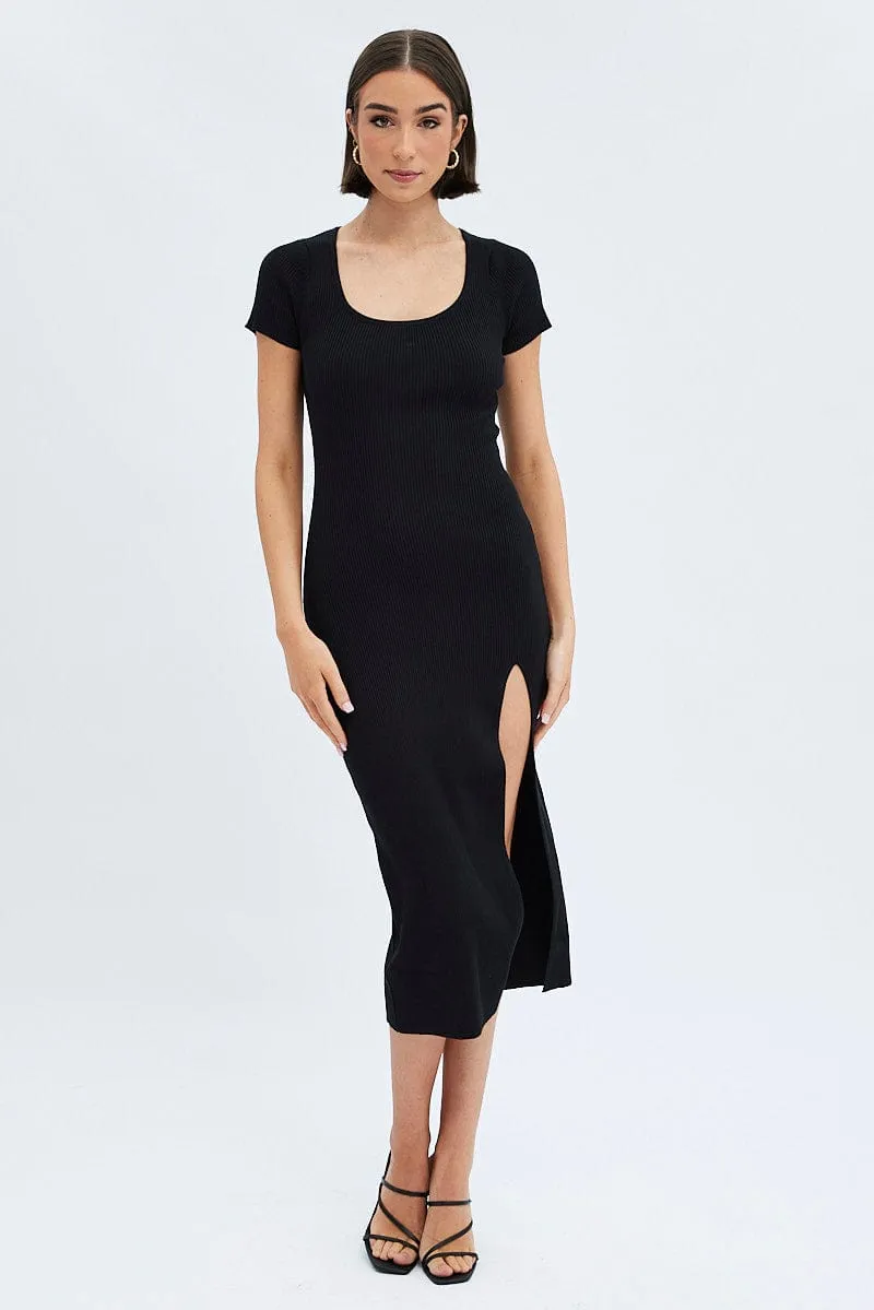 Black Knit Dress Short Sleeve Bodycon Midi sold by Ally Fashion product image thumbnail 3