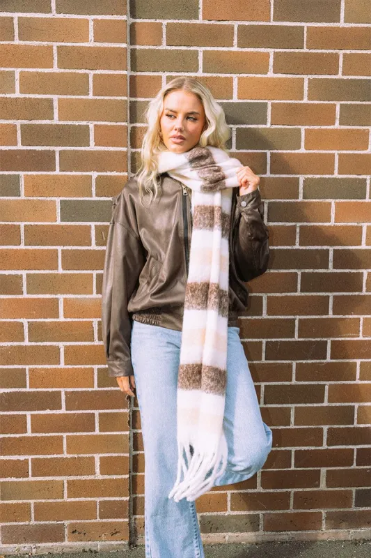 Brown Stripe Chunky Fluffy Tassel Scarf sold by Ally Fashion