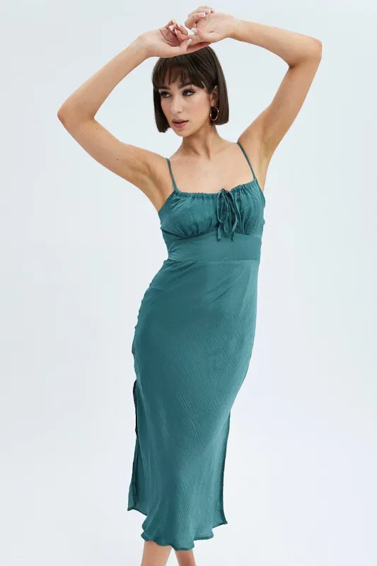 Green Maxi Dress Sleeveless Ruched Bust Satin sold by Ally Fashion