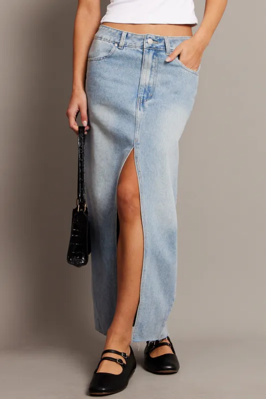 Denim Maxi Skirt High Rise Front Split sold by Ally Fashion