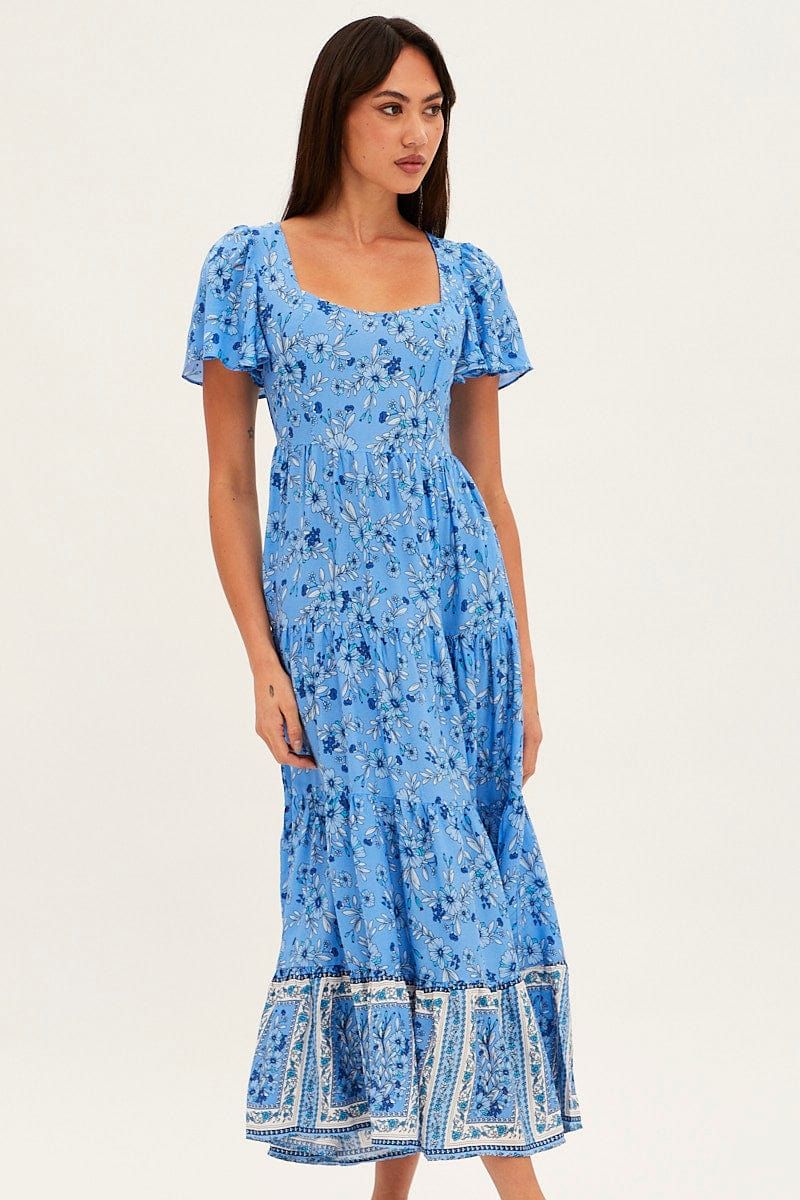 Blue Boho Maxi Dress Square Neck Short Sleeve sold by Ally Fashion product image thumbnail 2