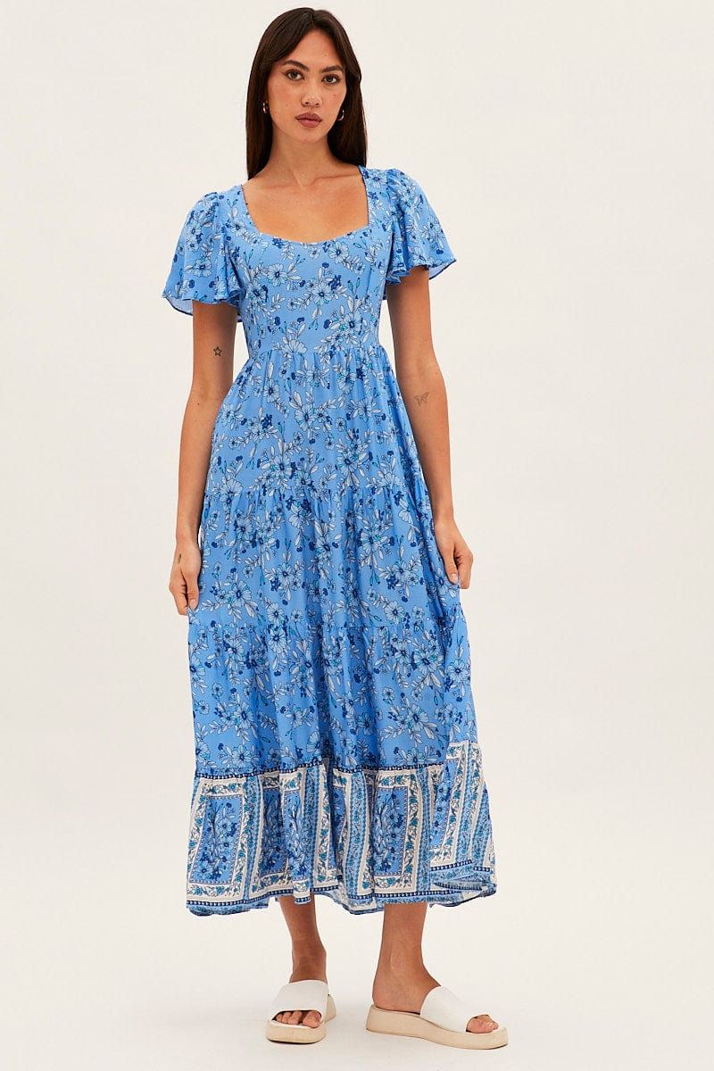 Blue Boho Maxi Dress Square Neck Short Sleeve sold by Ally Fashion product image thumbnail 3