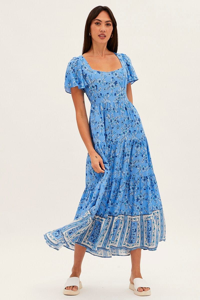 Blue Boho Maxi Dress Square Neck Short Sleeve sold by Ally Fashion