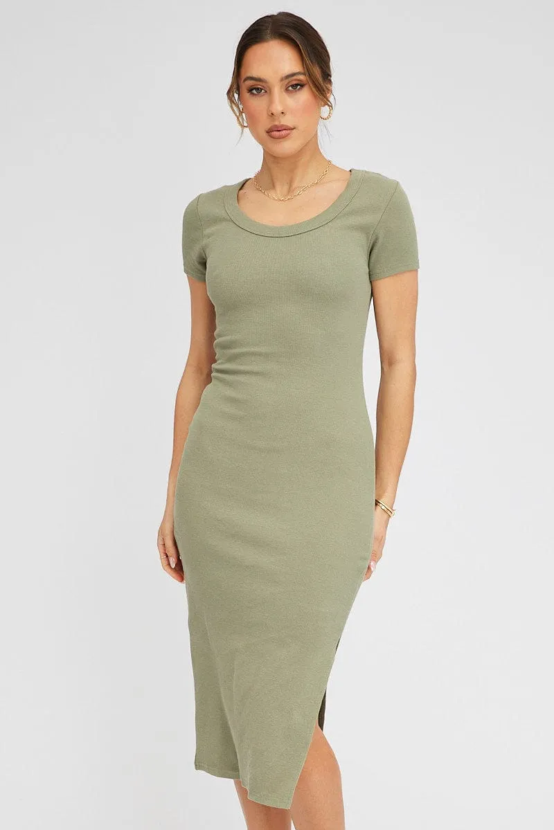 Green Midi Dress Short Sleeve Rib sold by Ally Fashion