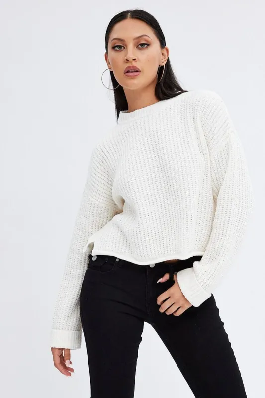 White Knit Jumper Round Neck Chenille sold by Ally Fashion