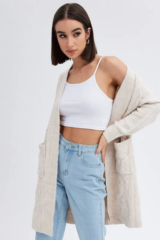 Beige Longline Cable Knit Cardigan sold by Ally Fashion