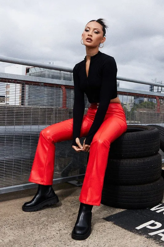 Red Flare Leg Pants Mid Rise Faux Leather sold by Ally Fashion