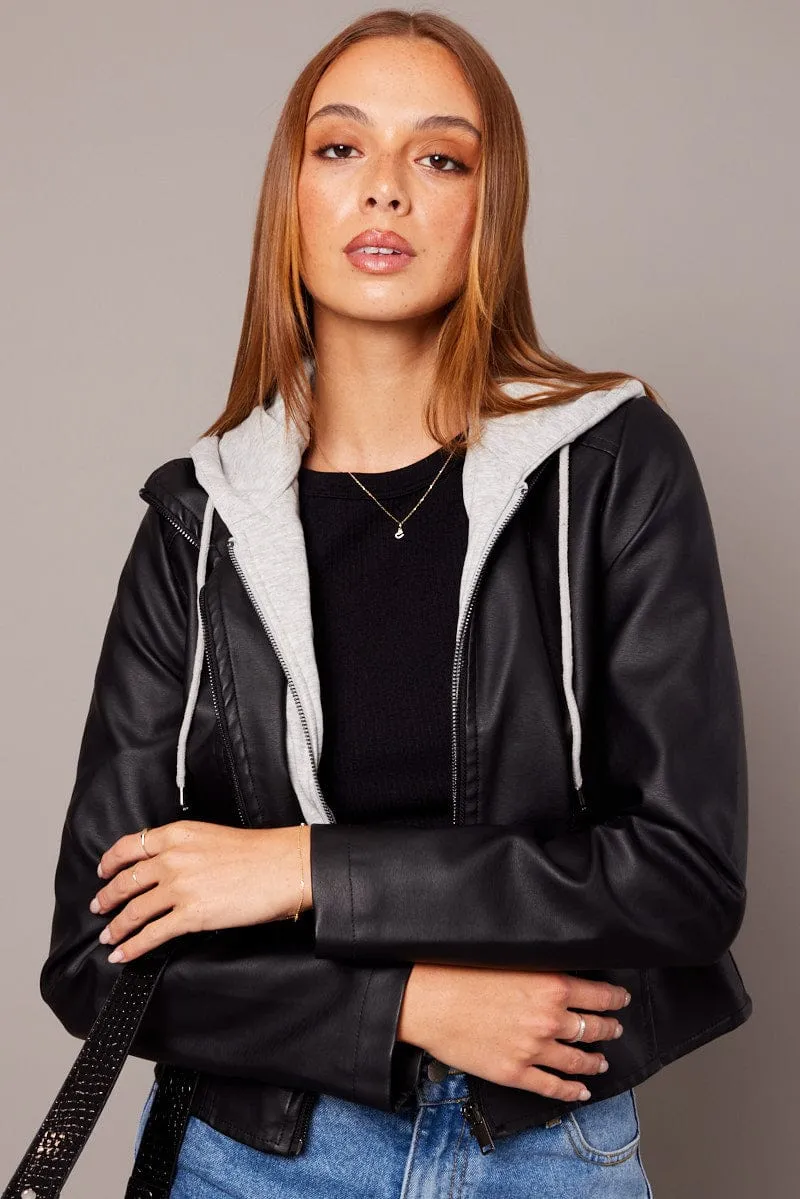 Black Faux Leather Jacket Long Sleeve Hoodie sold by Ally Fashion product image thumbnail 3