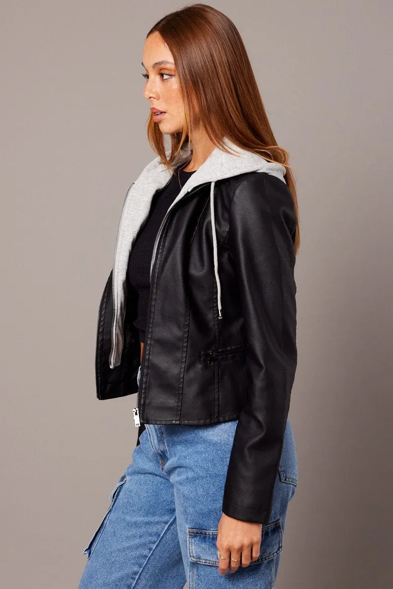 Black Faux Leather Jacket Long Sleeve Hoodie sold by Ally Fashion product image thumbnail 4