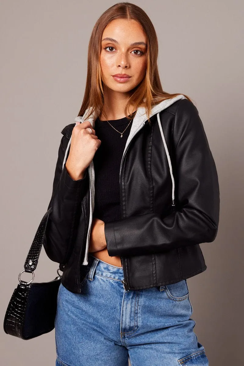 Black Faux Leather Jacket Long Sleeve Hoodie sold by Ally Fashion