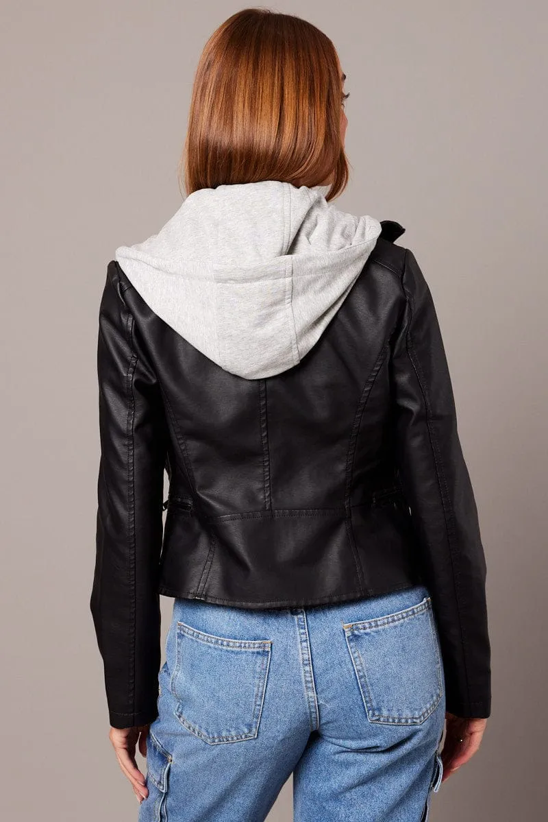 Black Faux Leather Jacket Long Sleeve Hoodie sold by Ally Fashion product image thumbnail 5