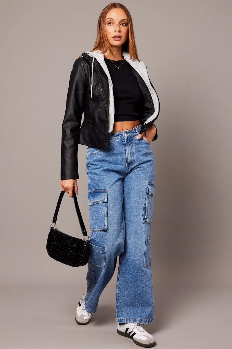 Black Faux Leather Jacket Long Sleeve Hoodie sold by Ally Fashion product image thumbnail 2