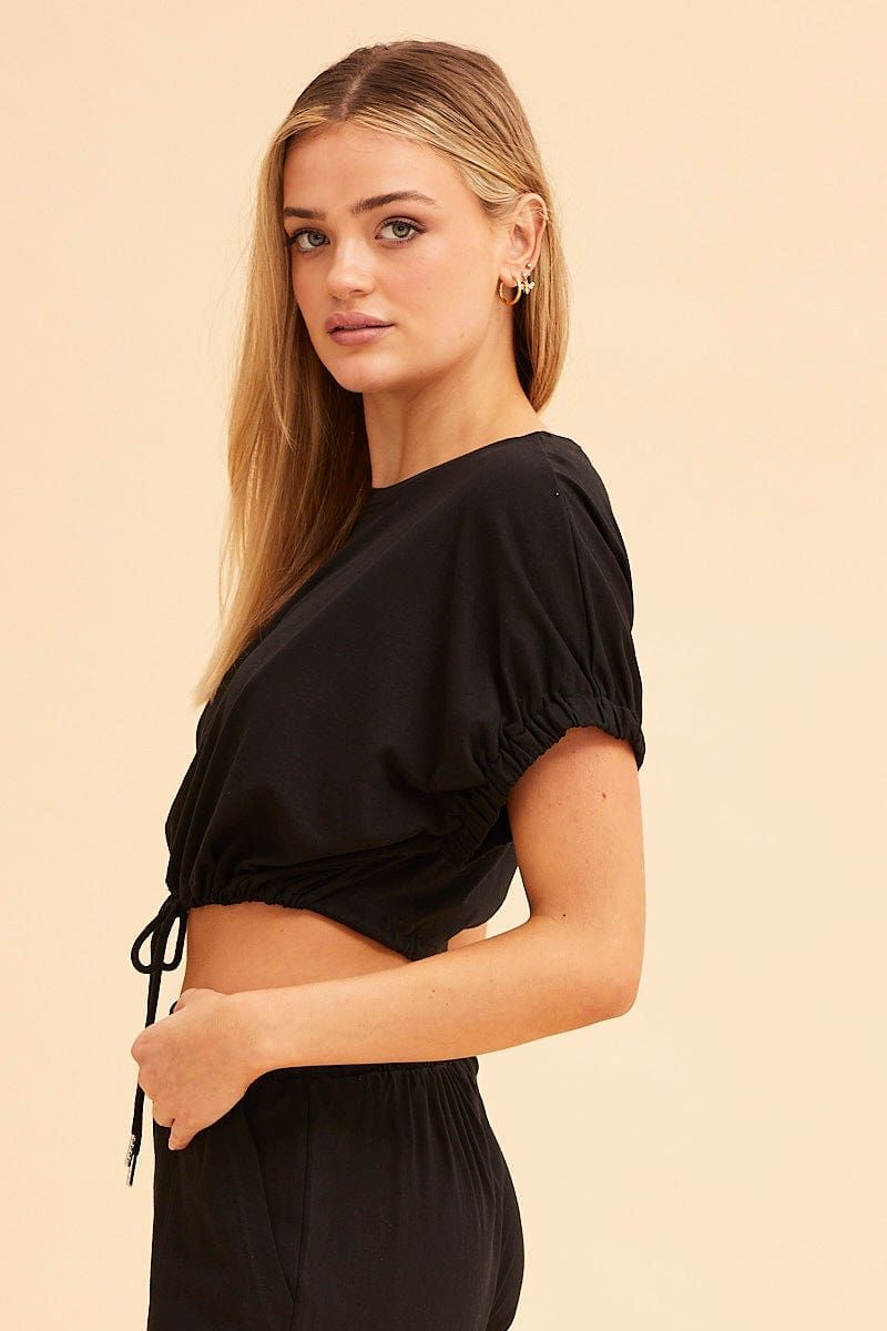 Black Crop Top Short Sleeve Relaxed Fit Elastic Detail sold by Ally Fashion product image thumbnail 4
