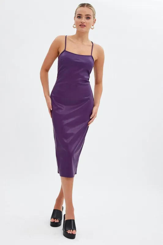 Purple Faux Leather Dress Sleeveless Scoop Neck Midi sold by Ally Fashion