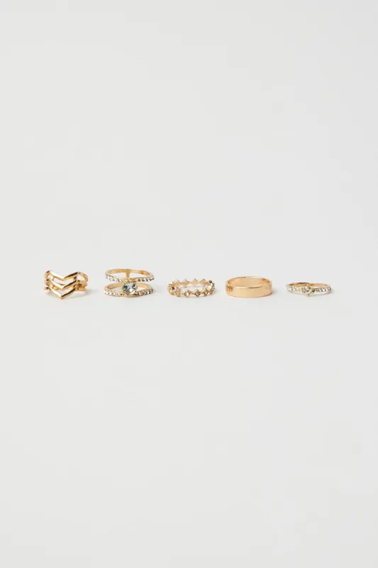 Gold 5 pack Rings with Rhinestones Detail sold by Ally Fashion