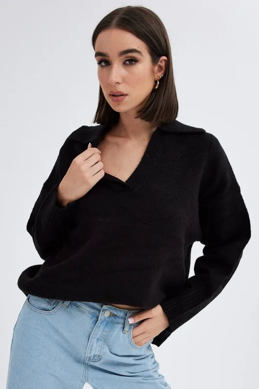 Black Collar Knit Jumper Stripe sold by Ally Fashion