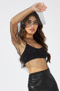 Black Rhinestone Mesh Fishnet Top sold by Ally Fashion