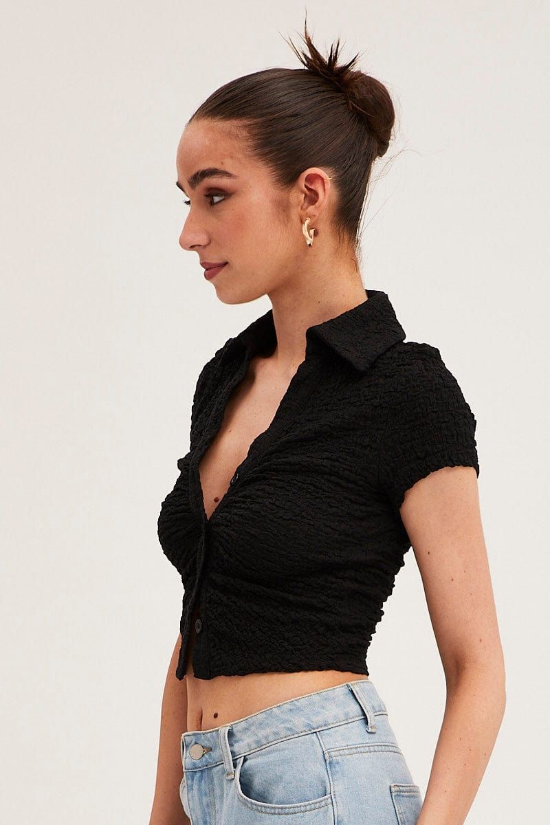 Black Crop Top Short Sleeve Collared Button Up Textured sold by Ally Fashion product image thumbnail 4