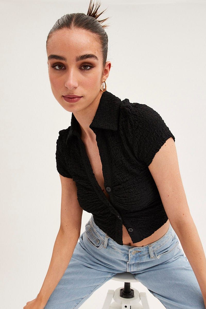 Black Crop Top Short Sleeve Collared Button Up Textured sold by Ally Fashion