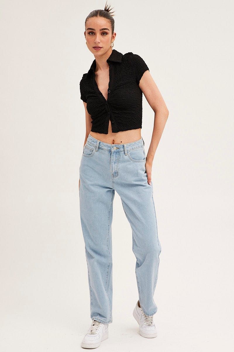 Black Crop Top Short Sleeve Collared Button Up Textured sold by Ally Fashion product image thumbnail 2